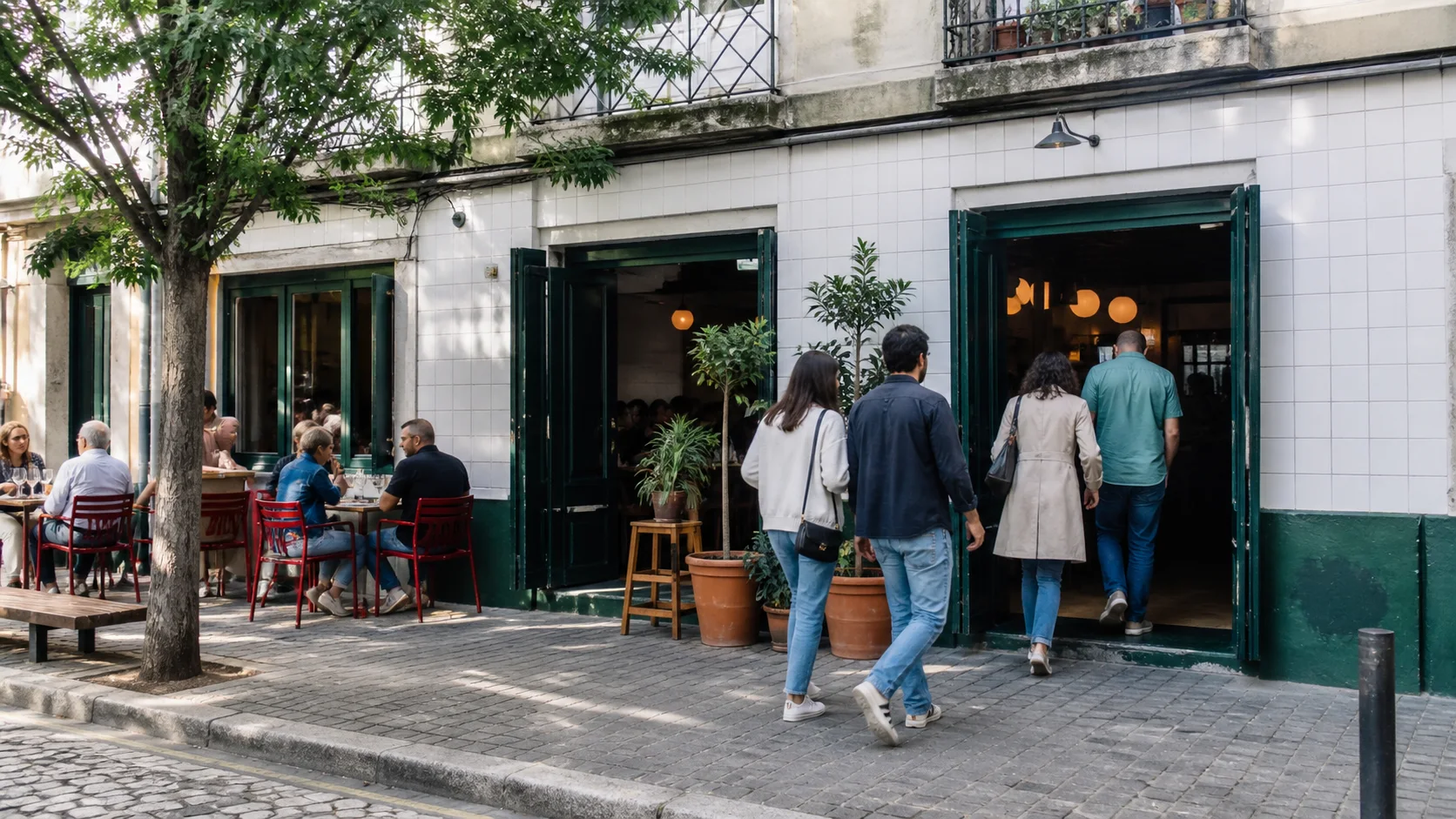 Mesa Rua street frontage with green doors and red chairs